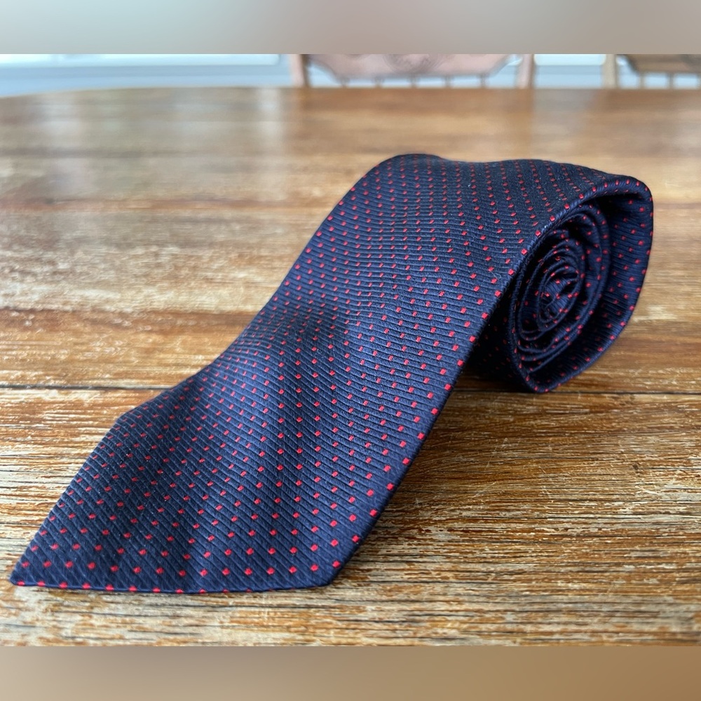 Lands’End 100% Silk Navy Blue Red Polka Dot Tie Handmade In USA